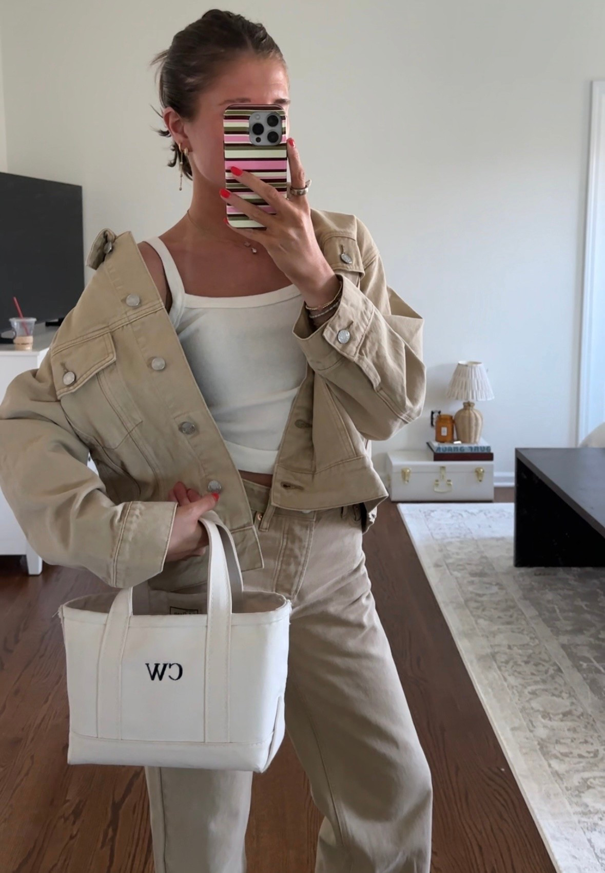 the best denim set from Parke! jacket is a S/M and pants are size 27. tank is from brandy & bag is a mini LL Bean boat & tote! #ootd #parke