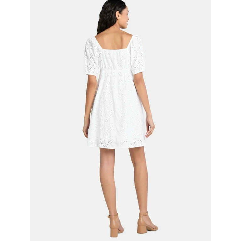 Time and Tru Women's and Women's Plus Eyelet Mini Dress with Puff Sleeves, Sizes XS-4X | Walmart (US)