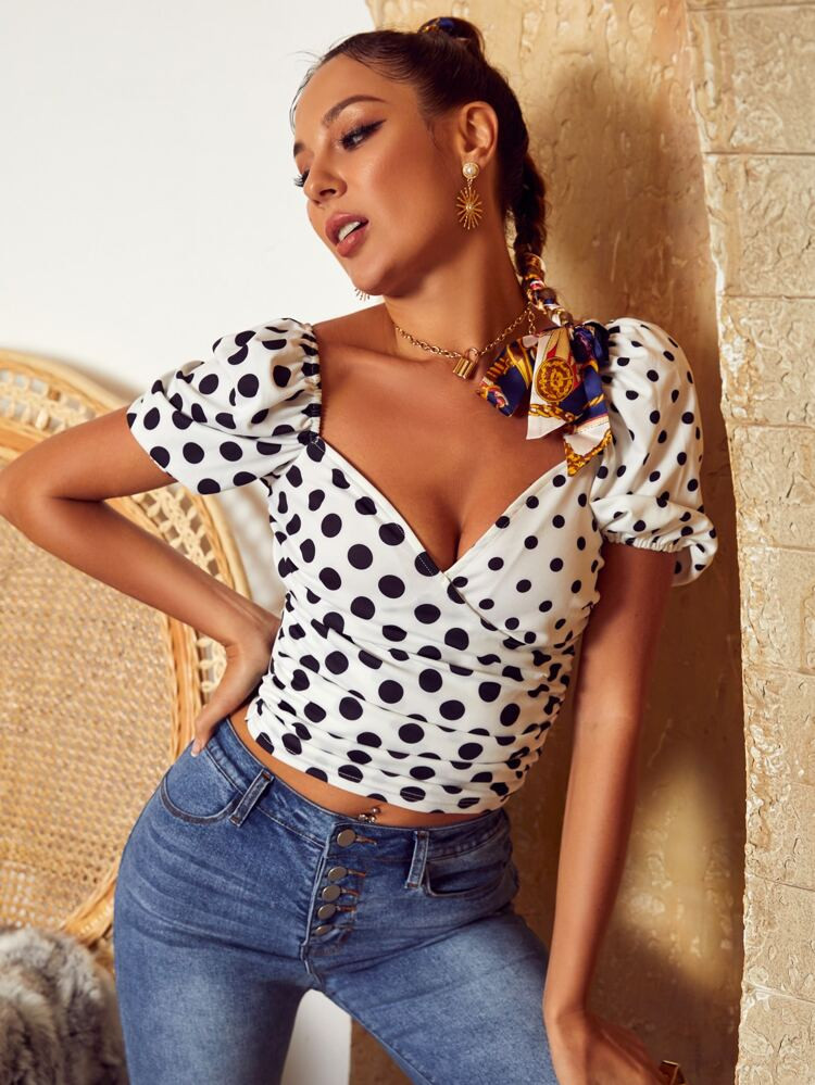 Glamaker Surplice Neck Ruched Polka Dot Crop Top | SHEIN