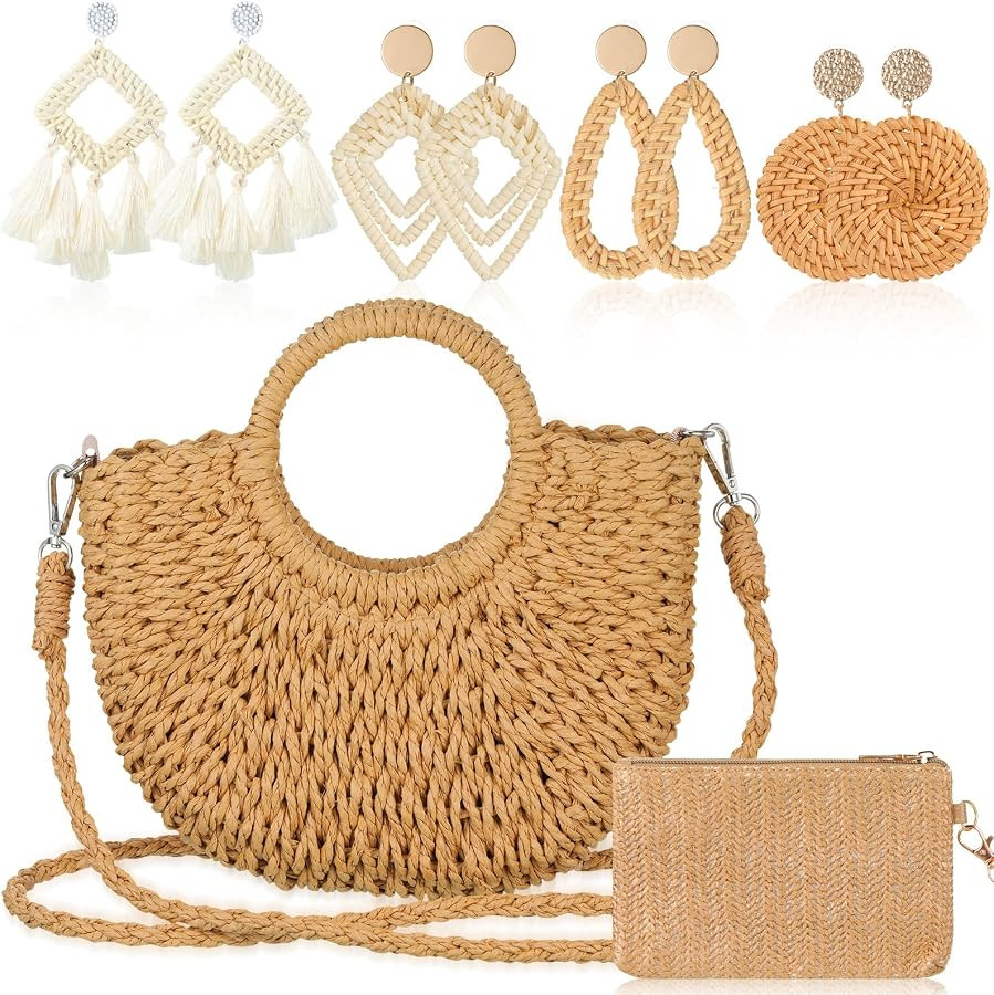 Straw Clutch Purse for Women Rattan Earrings Set Summer Beach Straw Bag Boho Handbag Woven Wallet... | Amazon (US)