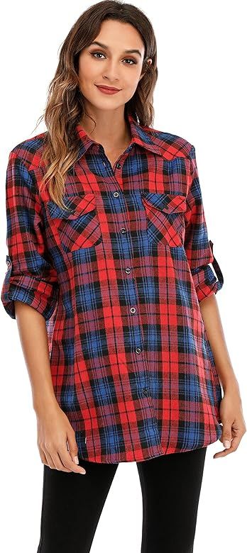 Womens Flannels Long/Roll Up Sleeve Button Down Plaid Shirts | Amazon (US)