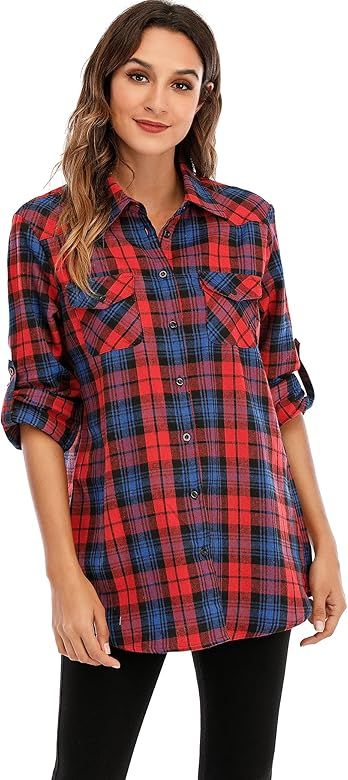 Womens Flannels Long/Roll Up Sleeve Button Down Plaid Shirts | Amazon (US)