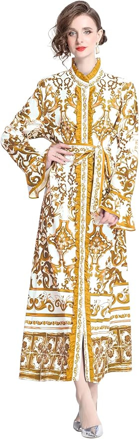 LAI MENG FIVE CATS Women's Floral Front Slit Button up Bell Sleeve Belt A-line Maxi Dress | Amazon (US)