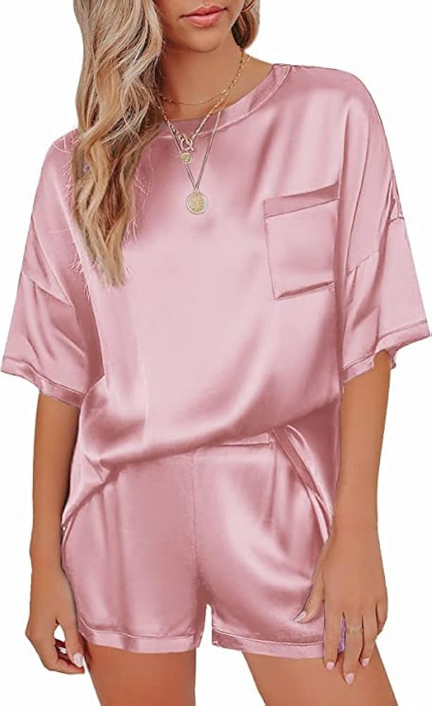 Jofounting Womens Silk Satin Pajamas Set 2 Piece Short Sleeve Pajamas Soft Sleepwear Sexy Loungew... | Amazon (US)