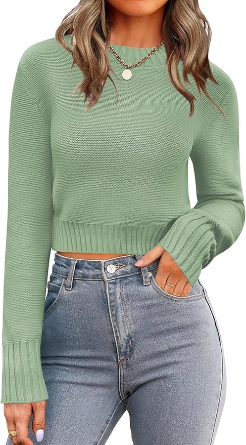 Zeagoo Women's 2025 Fall Crewneck Cropped Sweater Trendy Long Sleeve Ribbed Knit Pullover Jumper ... | Amazon (US)