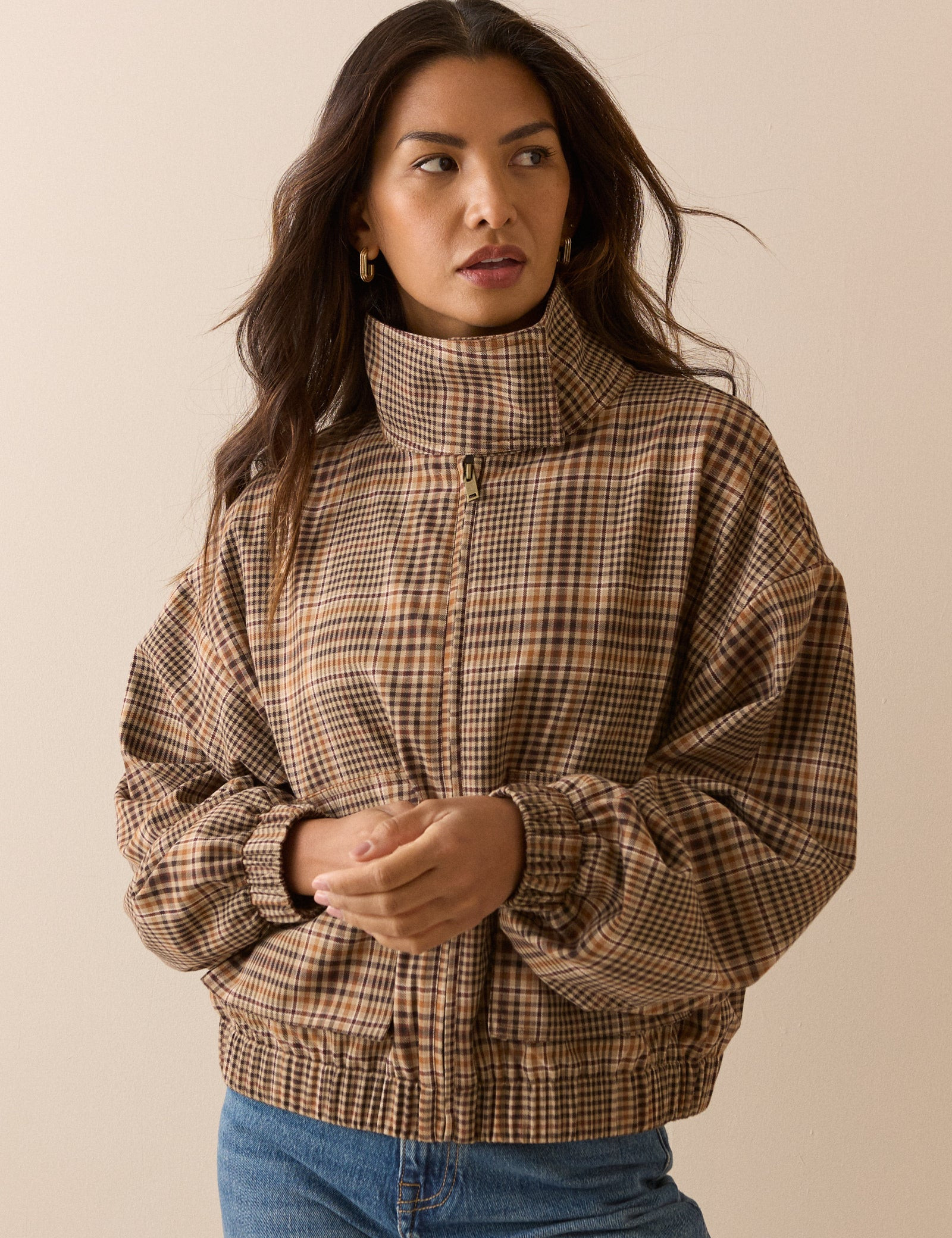 Brown Check Funnel Neck Jacket | Nobody's Child