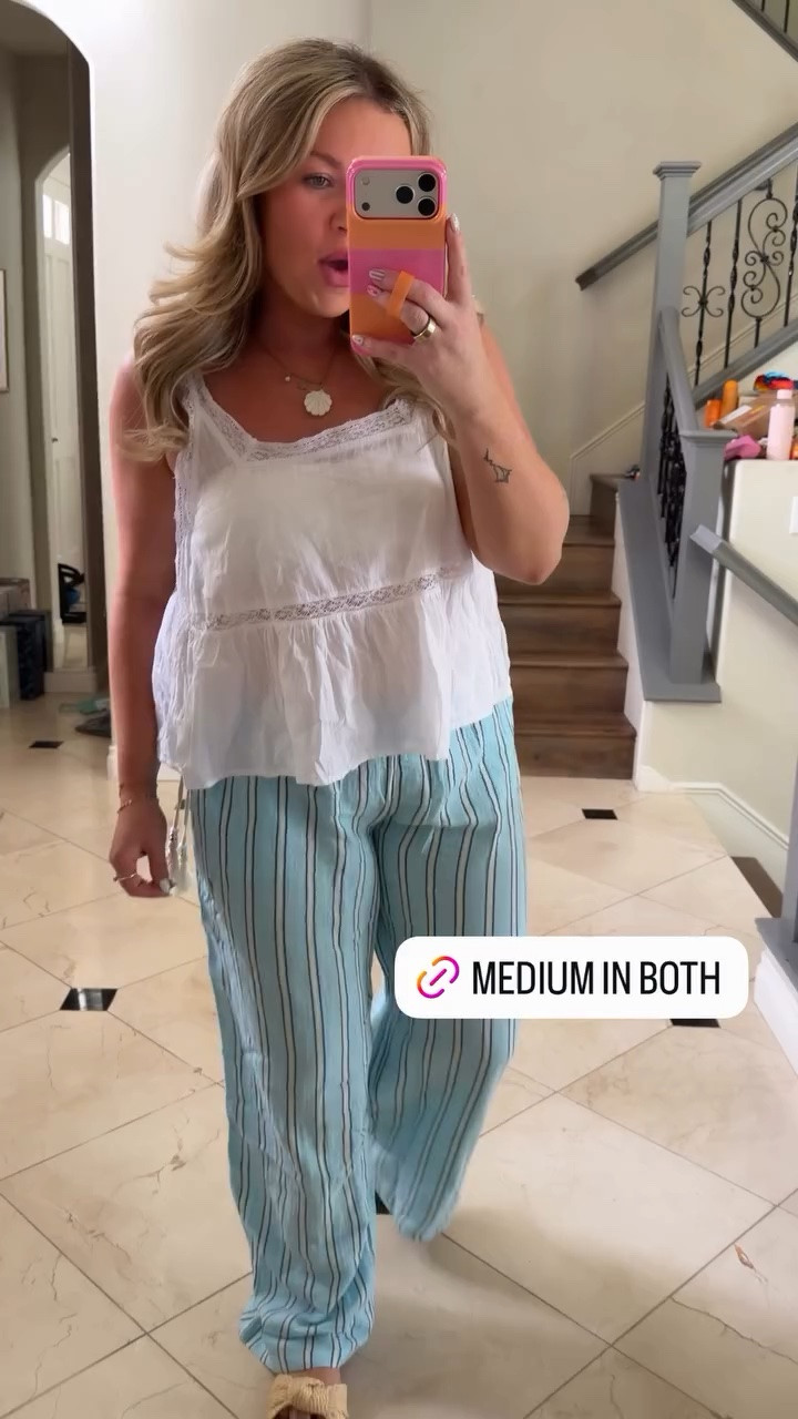 Medium in both - Lacey summer tank & striped  linen beach pants!!

#LTKMidsize #LTKSeasonal