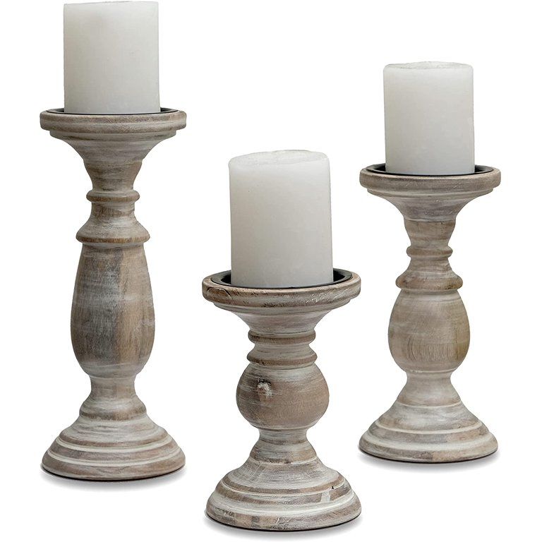 Pillar Candle Holders Set of 3, Wood Candle Holders Centerpiece, Distressed Tall Candle Holders, ... | Walmart (US)