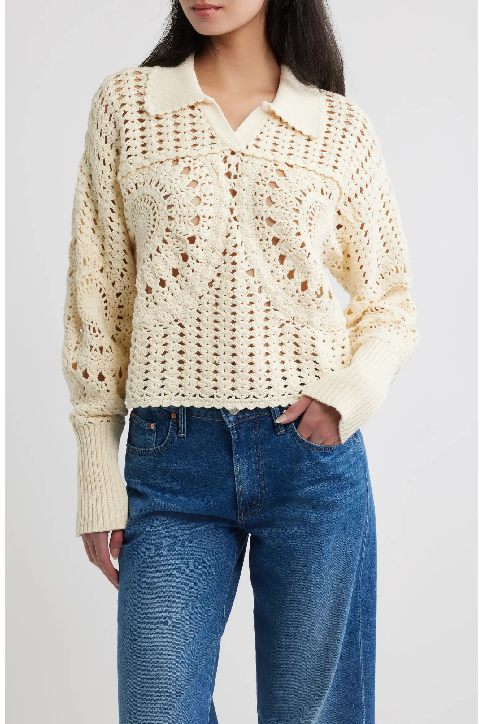 Crochet Cotton Johnny Collar Polo Sweater (Women) | Nordstrom | Nordstrom