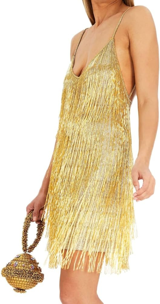 Women Tassels Flapper Bodycon Dresses Sexy 1920s Gatsby Cocktail Dance Latin Ballroom Club Party Fringe Mini Dresses Gold | Amazon (US)