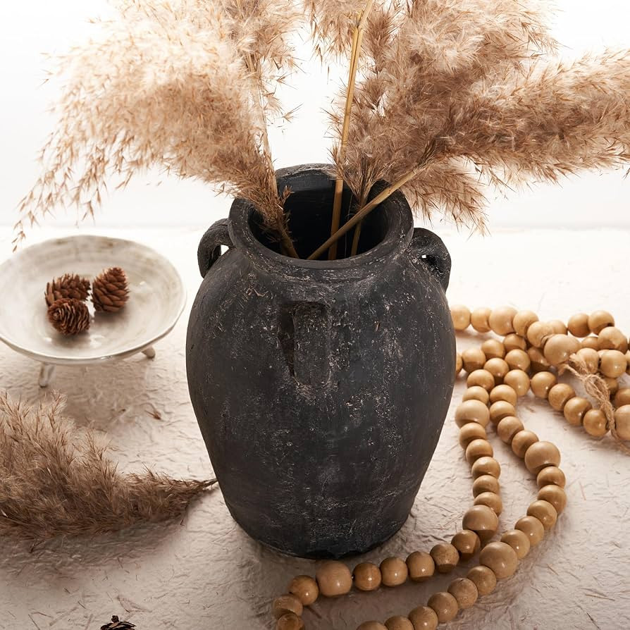 Terracotta Vase with 3 Ear | Handmade Black Ceramic Pottery 9.5'' Tall | Large Distressed Unique ... | Amazon (US)