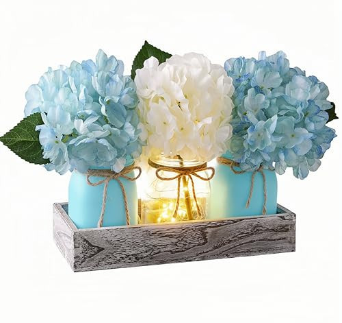 Coastal Beach Decor, Mason Jar Lights Beach Party Themed Decorations Centerpieces with Hydrangea, Sarfish Decor, Wood Tray, Coastal Beachy Table Summer Decoration for Dining Room Coffee Kitchen | Amazon (US)