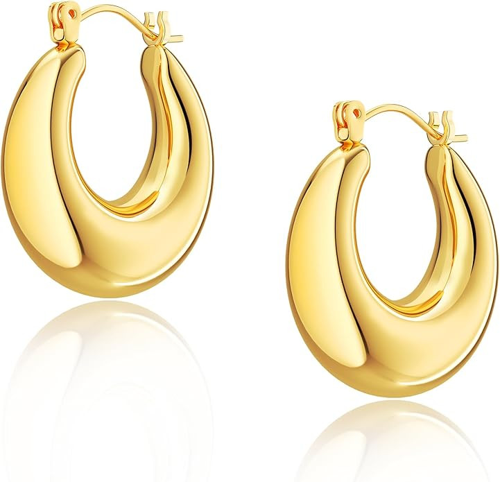 Chunky Gold Hoop Earrings for Women, 14k Gold Plated Thick Triple Hoop Earrings Hypoallergenic Tr... | Amazon (US)