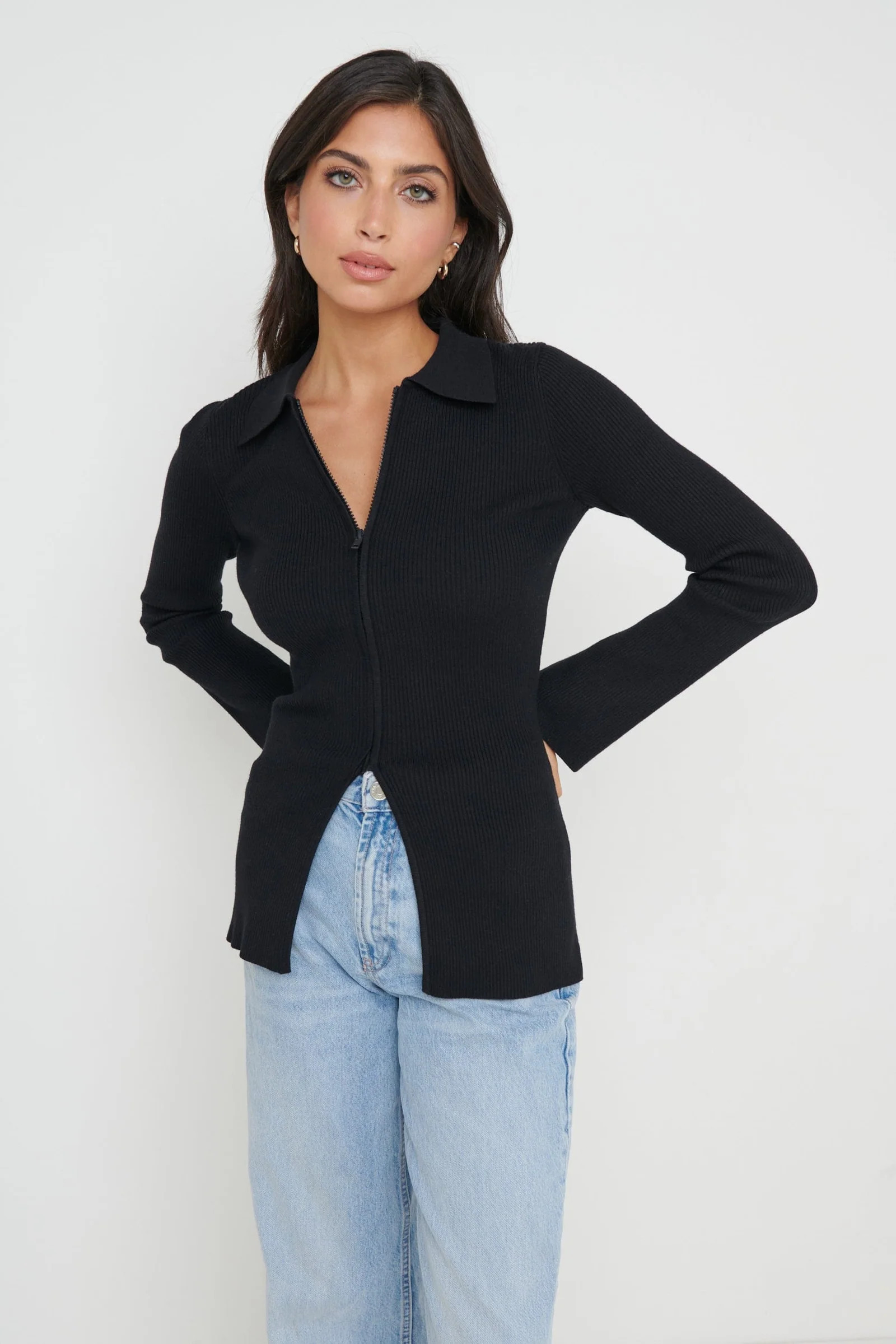 Avery Zip Knit Collared Top - Black | Pretty Lavish (UK)