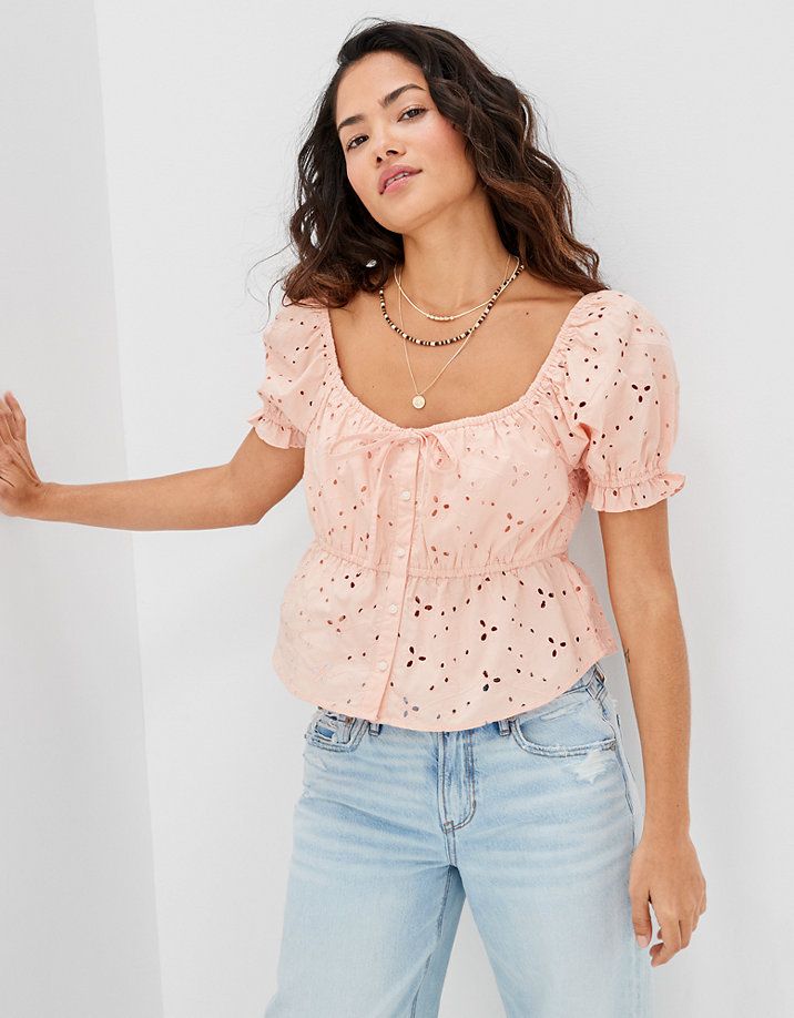 AE Embroidered Babydoll Blouse | American Eagle Outfitters (US & CA)