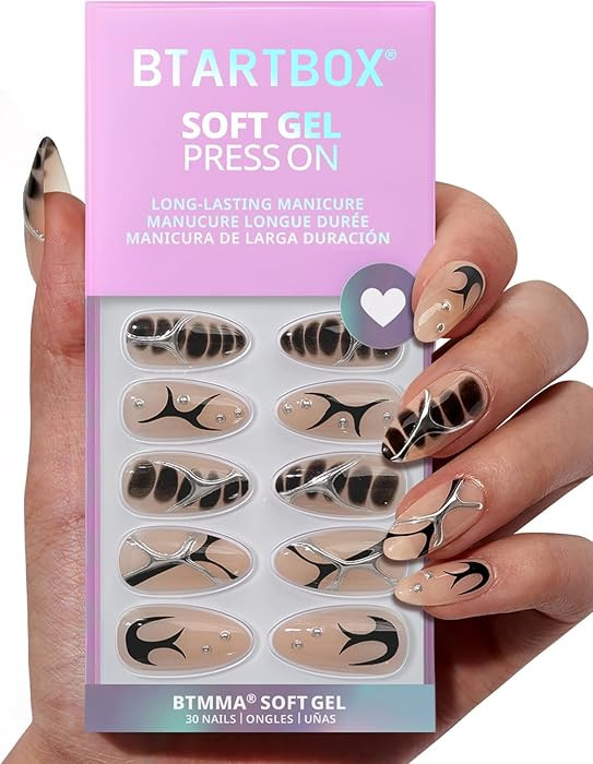 BTArtbox Press On Nails Almond - 3D Design Black Medium Press On Nails with Glue for Women, Opaqu... | Amazon (US)