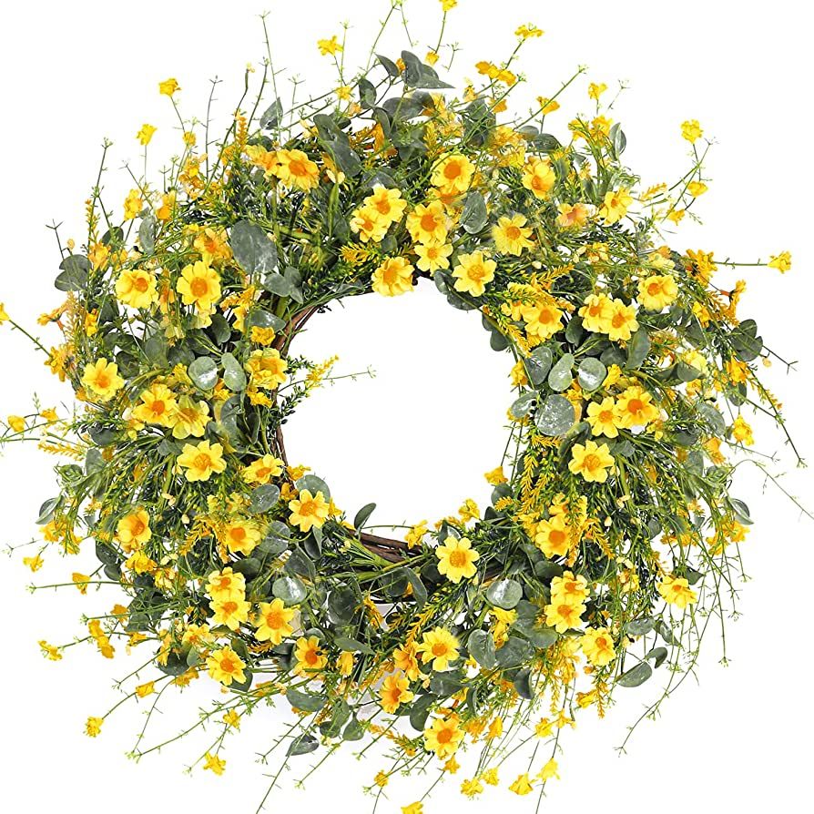 Sggvecsy Yellow Daisy Wreath 24 Inch Spring Summer Wreath Fake Silk Floral Wreath with Green Euca... | Amazon (US)