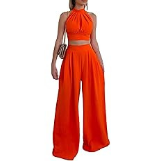 Amazon.com: ECDAHICC Women's 2 Piece Outfits Sleeveless Halter Neck Tie Back Crop Tops and High W... | Amazon (US)