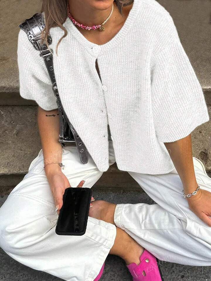 Women Casual Solid Color Short Sleeve Knit Cardigan, Minimalist & Fashionable Design, 2025 | SHEIN