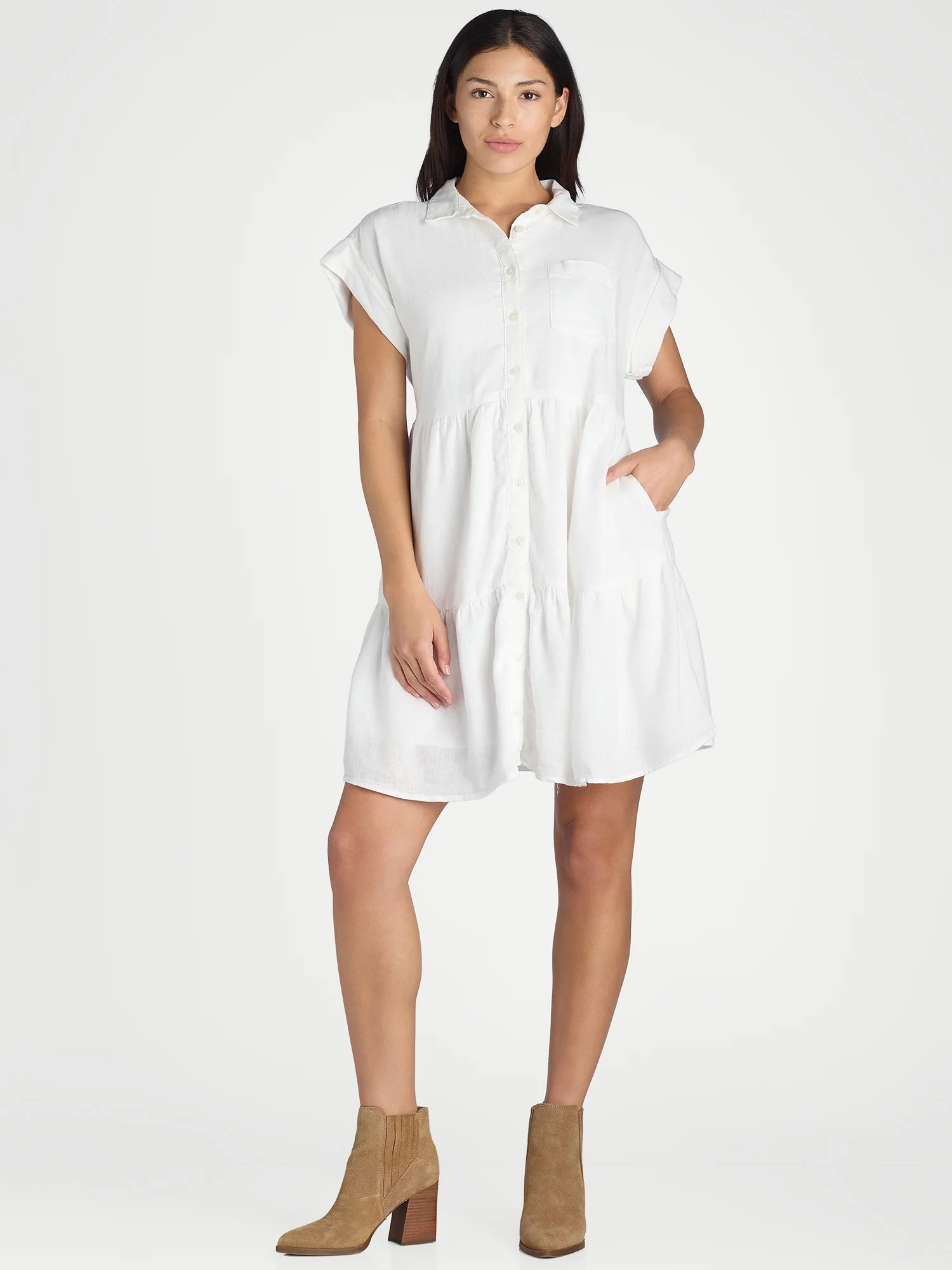 Time and Tru Women's Tiered Mini Shirt Dress, Sizes XS-XXXL | Walmart (US)