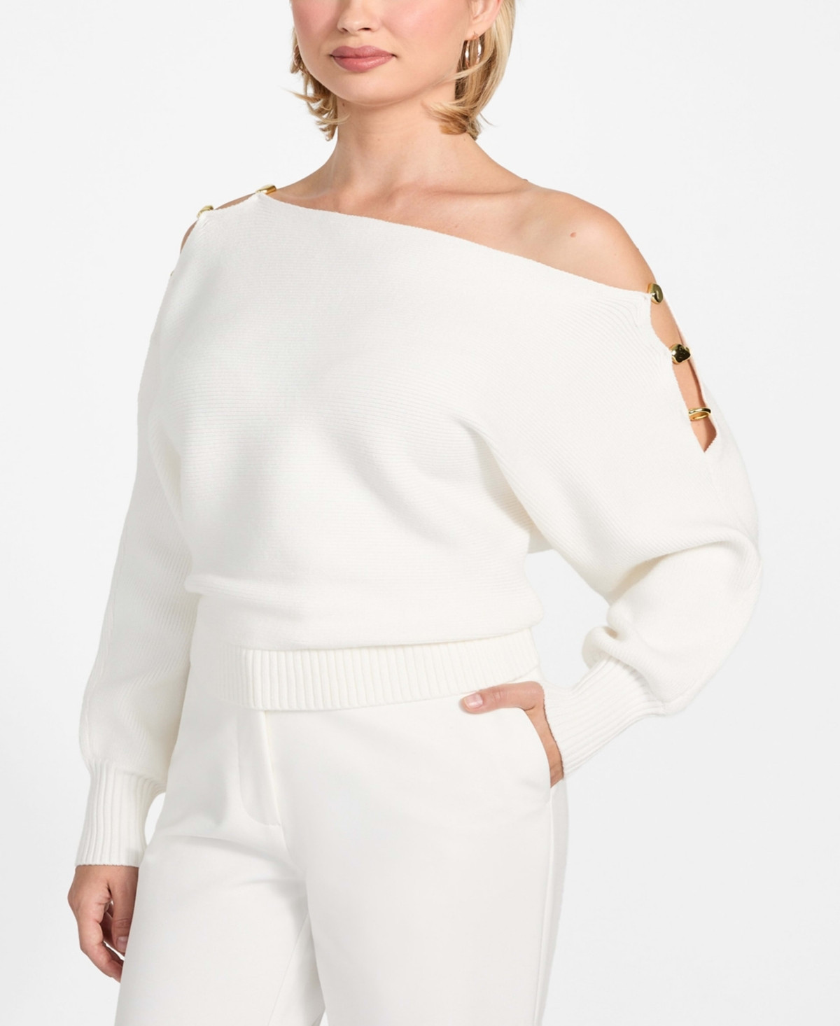 Guess Women's Long-Sleeve Off-The-Shoulder Sweater - Dove White | Macy's