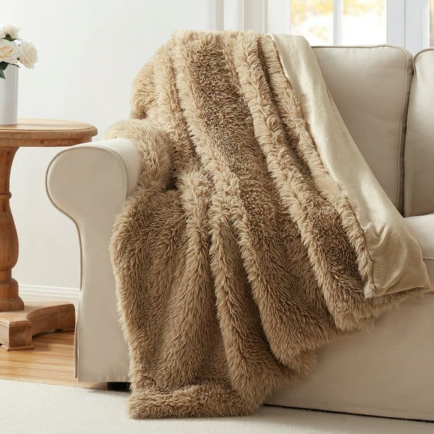My Texas House Angel High Pile Faux Fur Throw Blanket, Brown Rice, Standard Throw | Walmart (US)