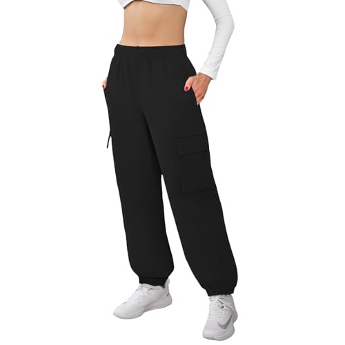SEMARO Womens High Waisted Cargo Sweatpants Joggers Trousers Y2k Fasion Outfits with Pockets Black | Amazon (US)