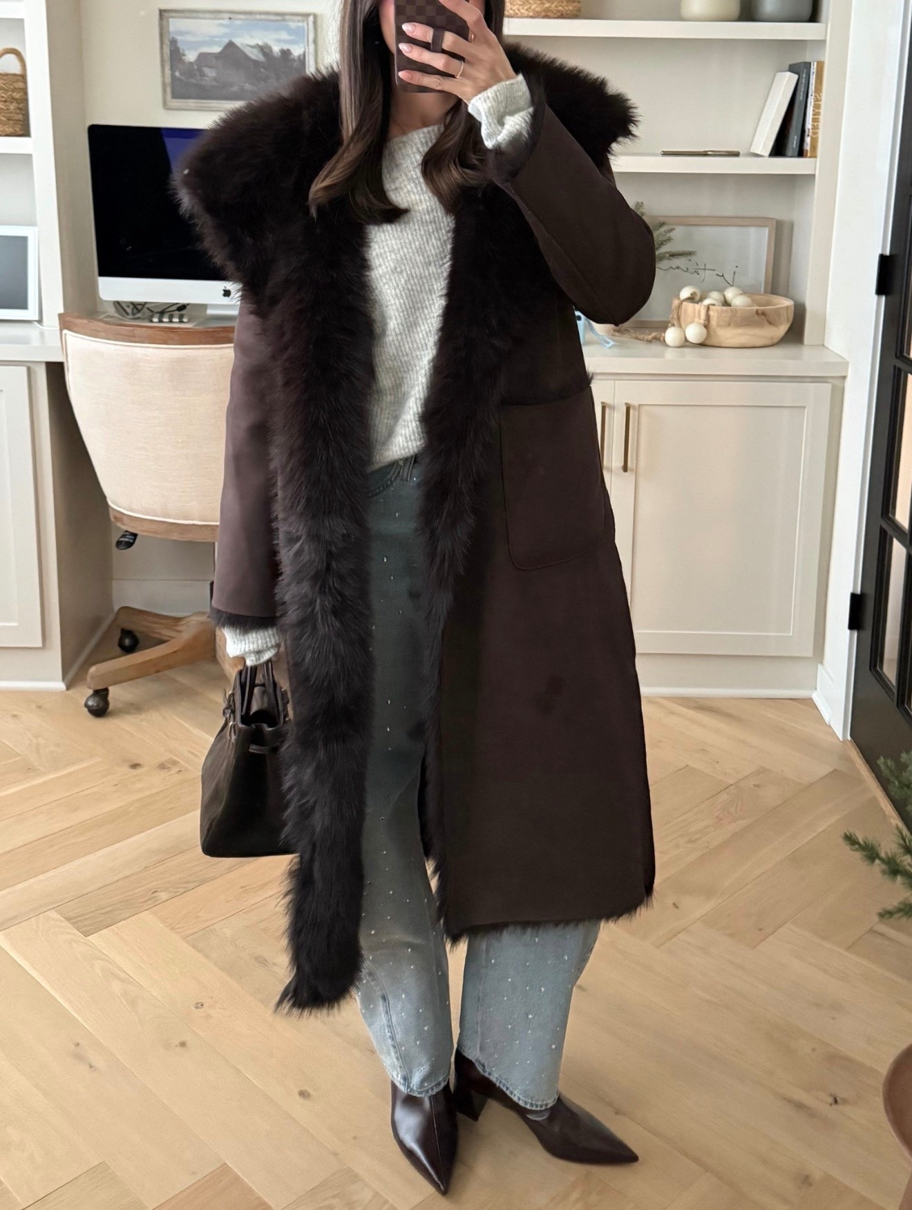 Casual festive date night outfit last week! 
Reversible shearling jacket: true to size (S) 
Off the shoulder sweater: tts (S)
Rhinestone jeans: true to size (27) 
Boots: size up for half sizes 

#LTKHoliday #LTKSeasonal #LTKootd