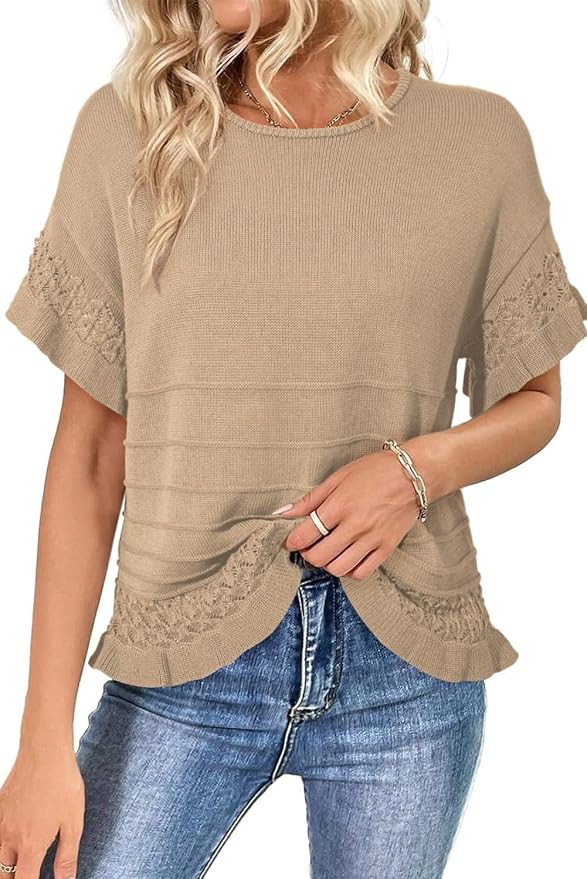 Dokotoo Women’s Short Sleeve Sweaters Tops Oversized Summer Casual Ruffled Hem Knit Pullover Cu... | Amazon (US)