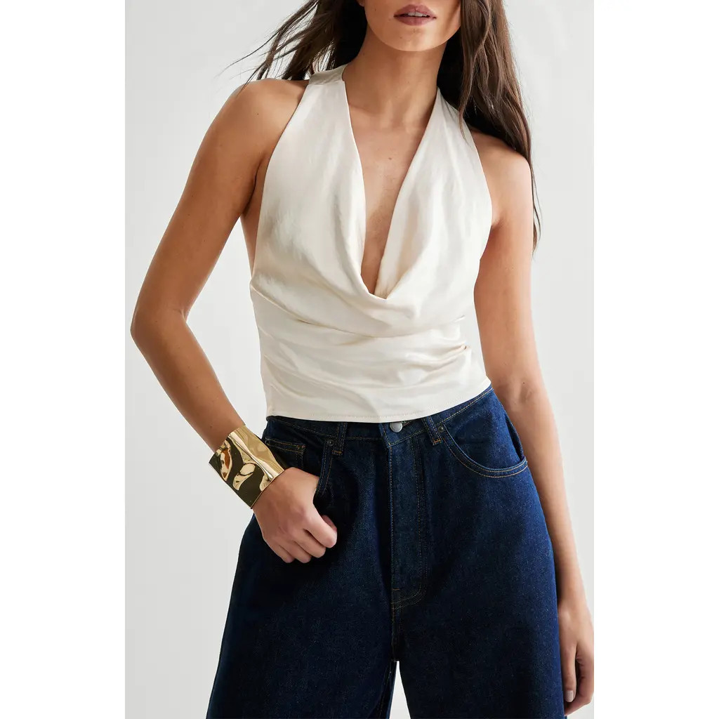 NASTY GAL Hammered Satin Halter Top in Champagne at Nordstrom, Size 2 | Nordstrom