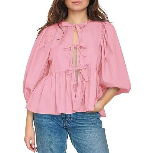 Women Tie Up Front Tops Puff Sleeve Y2K Babydoll Peplum Shirts Top Pink L | Amazon (US)