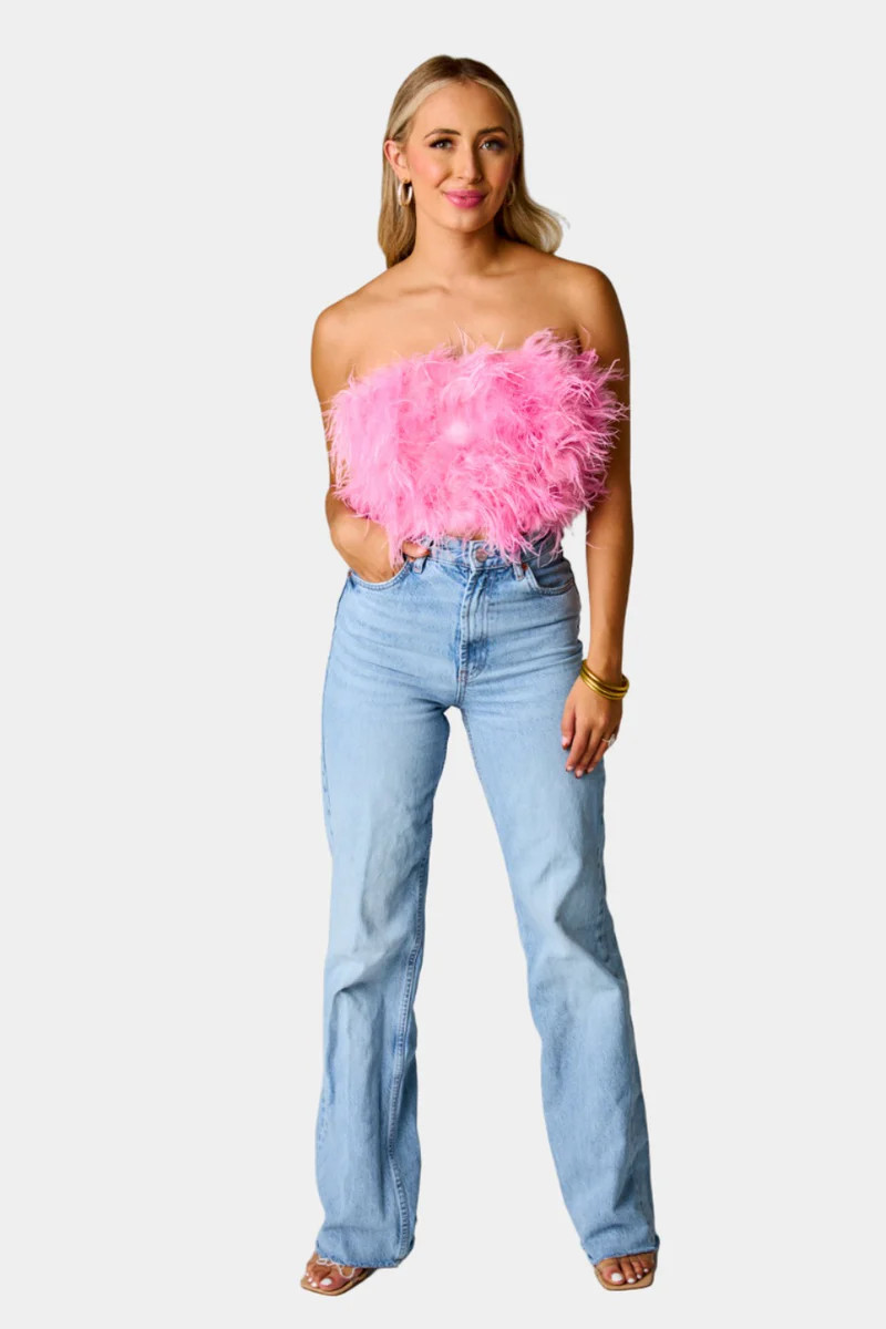 Fancy Strapless Feather Crop Top - Baby Pink | BuddyLove