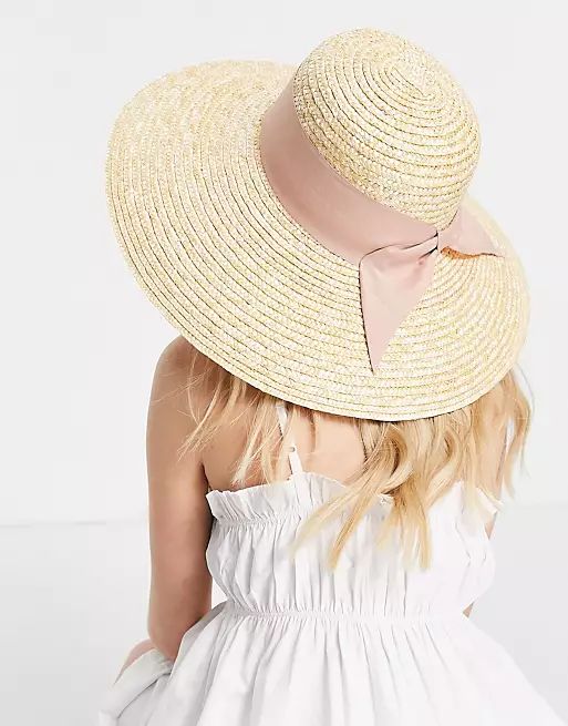 ASOS DESIGN curved crown flat brim natural straw hat with bow and size adjuster in neutral | ASOS (Global)