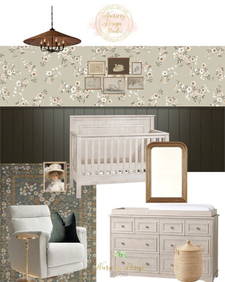 Timeless nursery inspiration, convertible crib, weathered crib, Louis wall mirror, green rug, rifle paper co, rattan shade, classic floral wallpaper, vintage green wallpaper 

#LTKBump #LTKStyleTip #LTKHome