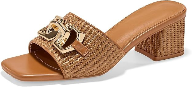 Women's Raffia Slide Sandals Square Open Toe Sandal Chunky Heeled Metal Chain Dressy Shoes | Amazon (US)