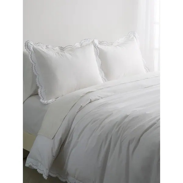 Embroidered Percale Crisp Cotton Double Scallopier Duvet Set and Sham - White - Full - Queen | Bed Bath & Beyond