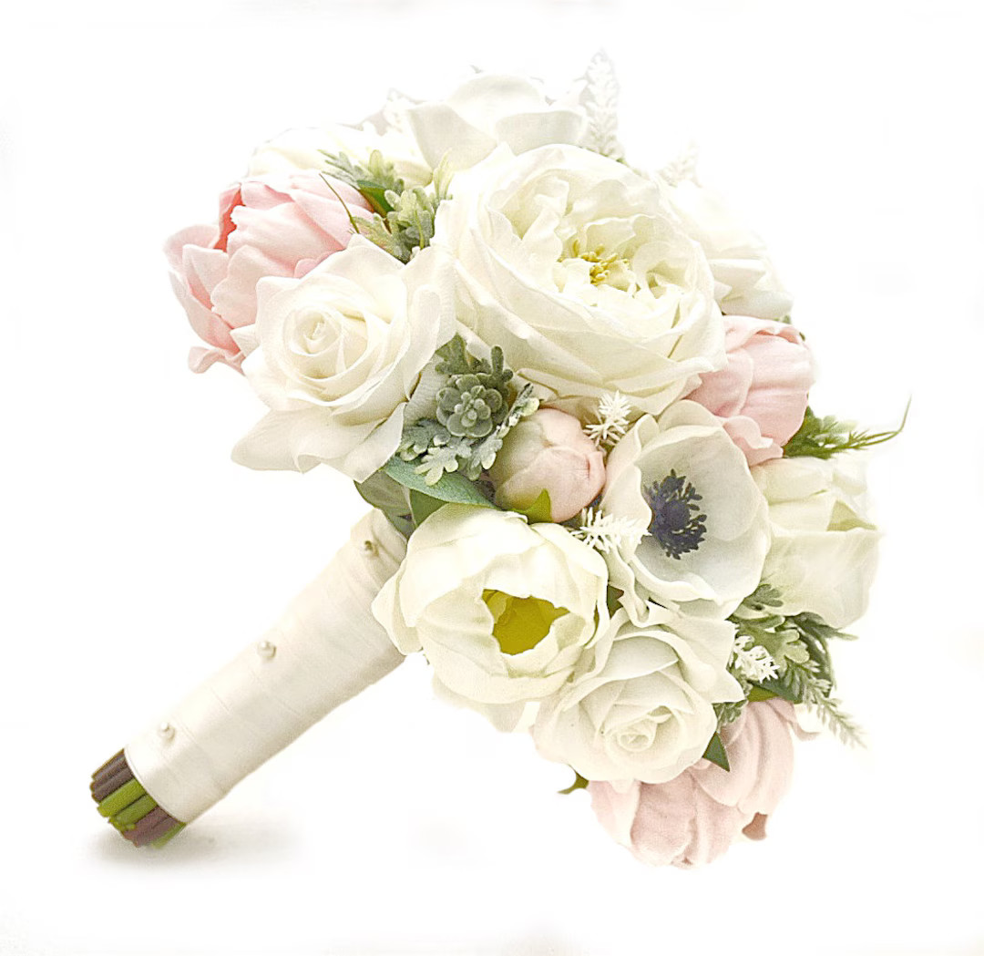 Real Touch Artificial Peonies White Blush Roses Tiger Anemone Succulent Bridal Bridesmaids Bouque... | Etsy (US)