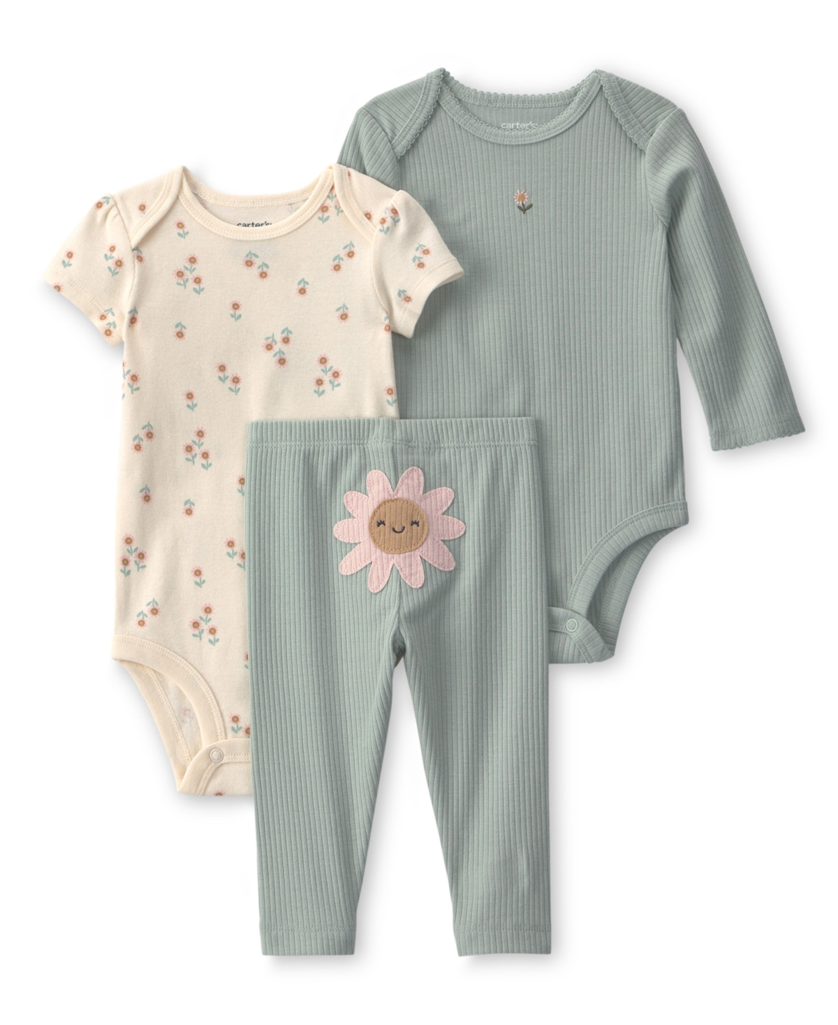 Carter's Baby Girl's Floral Bodysuit & Pant 3-Piece Set - Green/Ivory | Macy's