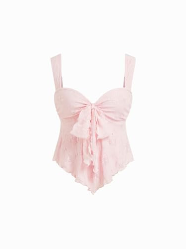 CIDER Floral Babydoll Tops for Women Lace Mesh Cute Bow Tie Sleeveless Going Out Tank Tops Trendy Summer Outfits Pink | Amazon (US)