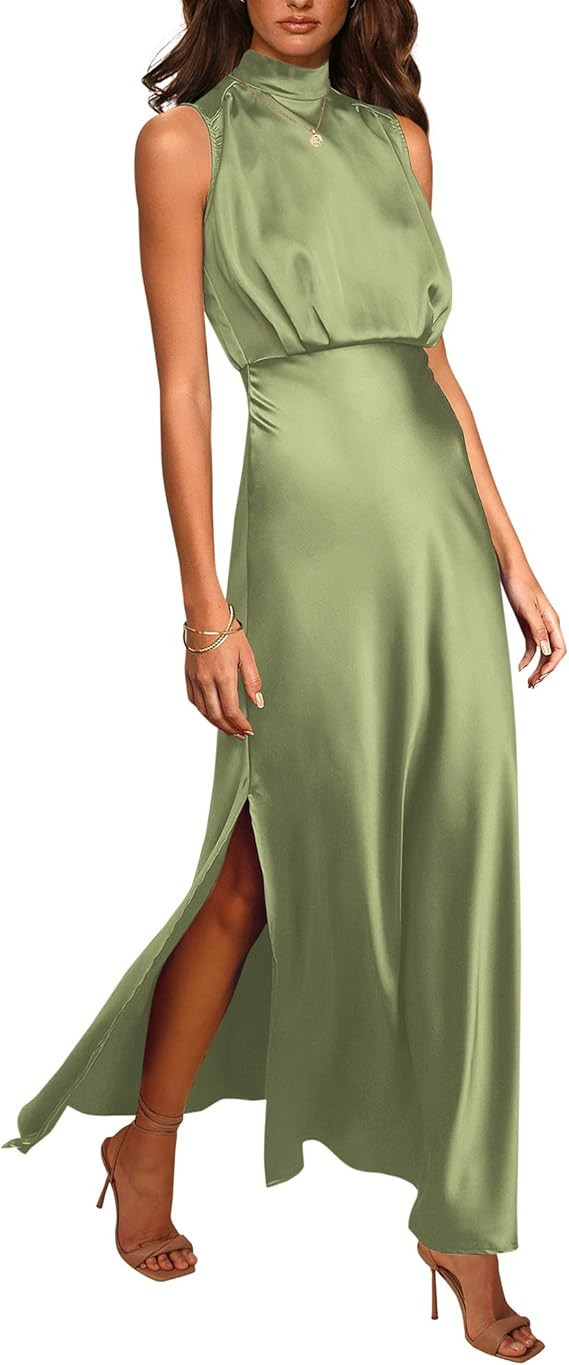 BTFBM Women Sleeveless Mock Neck Cocktail Dresses Keyhole Elastic Waist Party Wedding Guest Satin... | Amazon (US)
