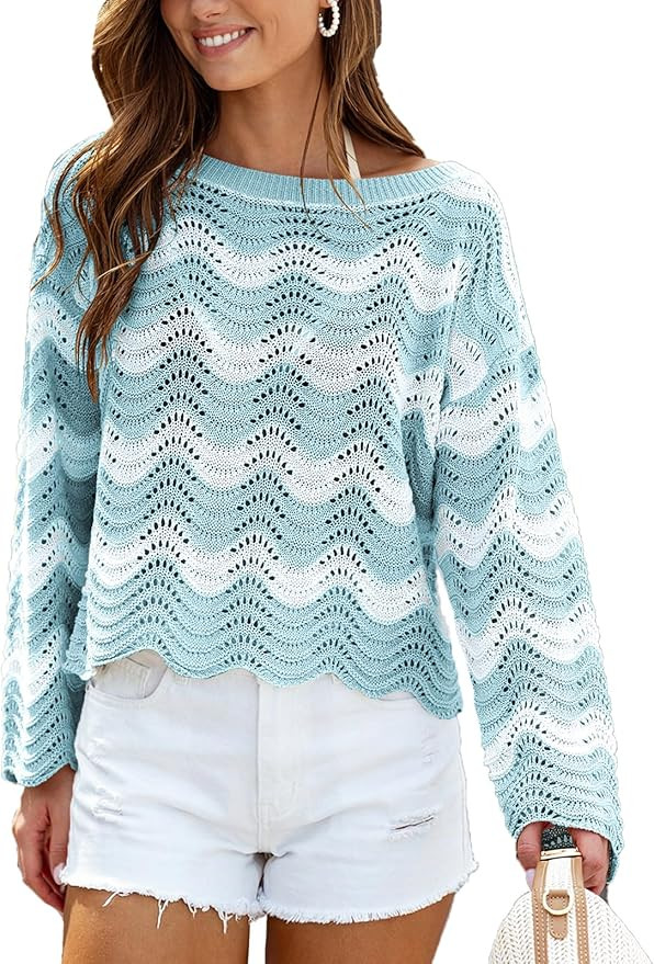 CUPSHE Women's Crochet Cover Up Long Sleeve Striped Beach Cover Up Top Summer Casual Knit Tops fo... | Amazon (CA)