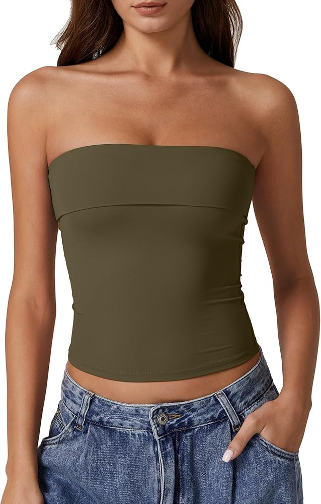 QINSEN Women's Tube Tops Strapless Bandeau Tops Double Lined Slim Fit Summer Going Out Tank Tops | Amazon (US)