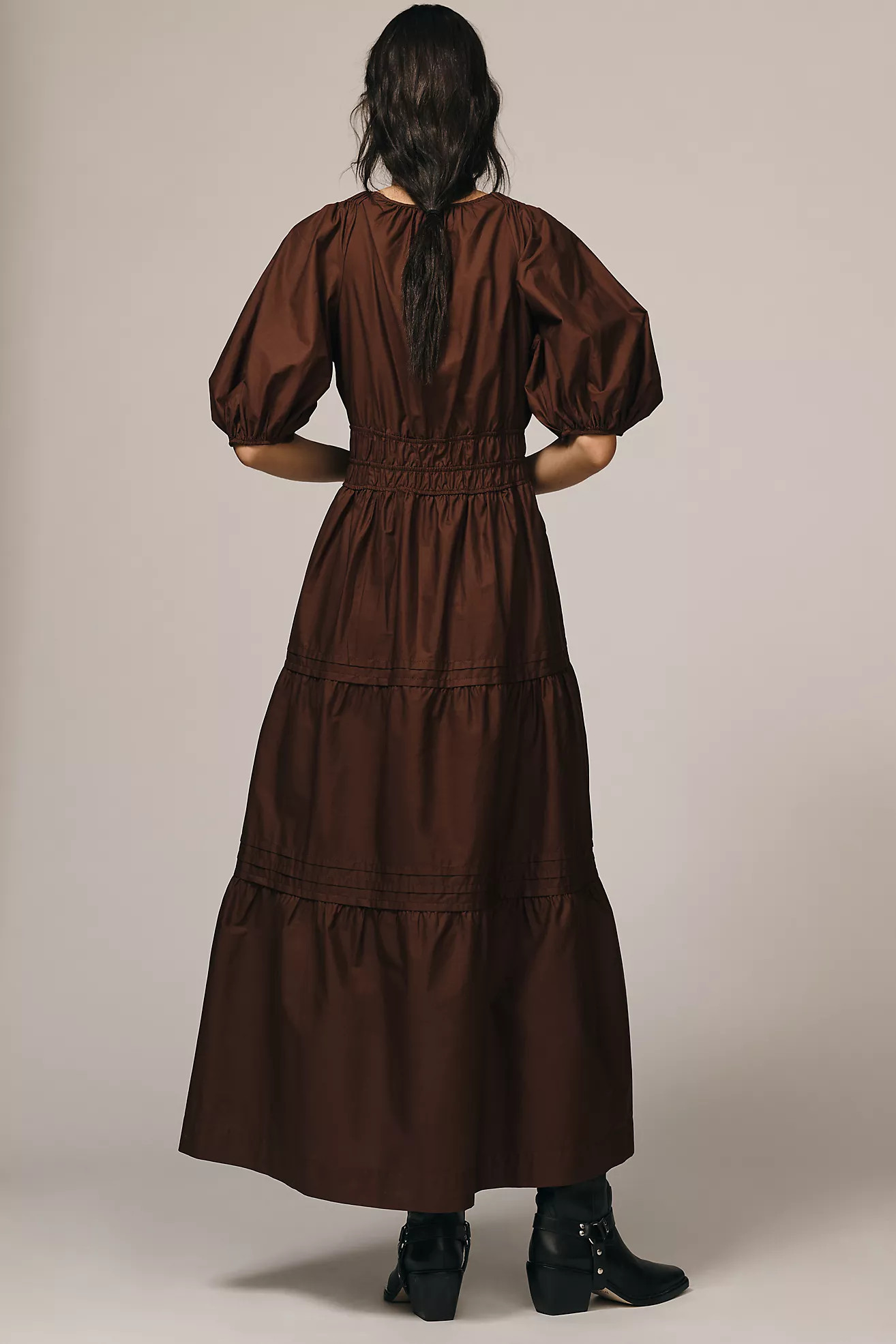 Maeve Smocked V-Neck Half-Sleeve Tiered Midi Dress | Anthropologie (US)