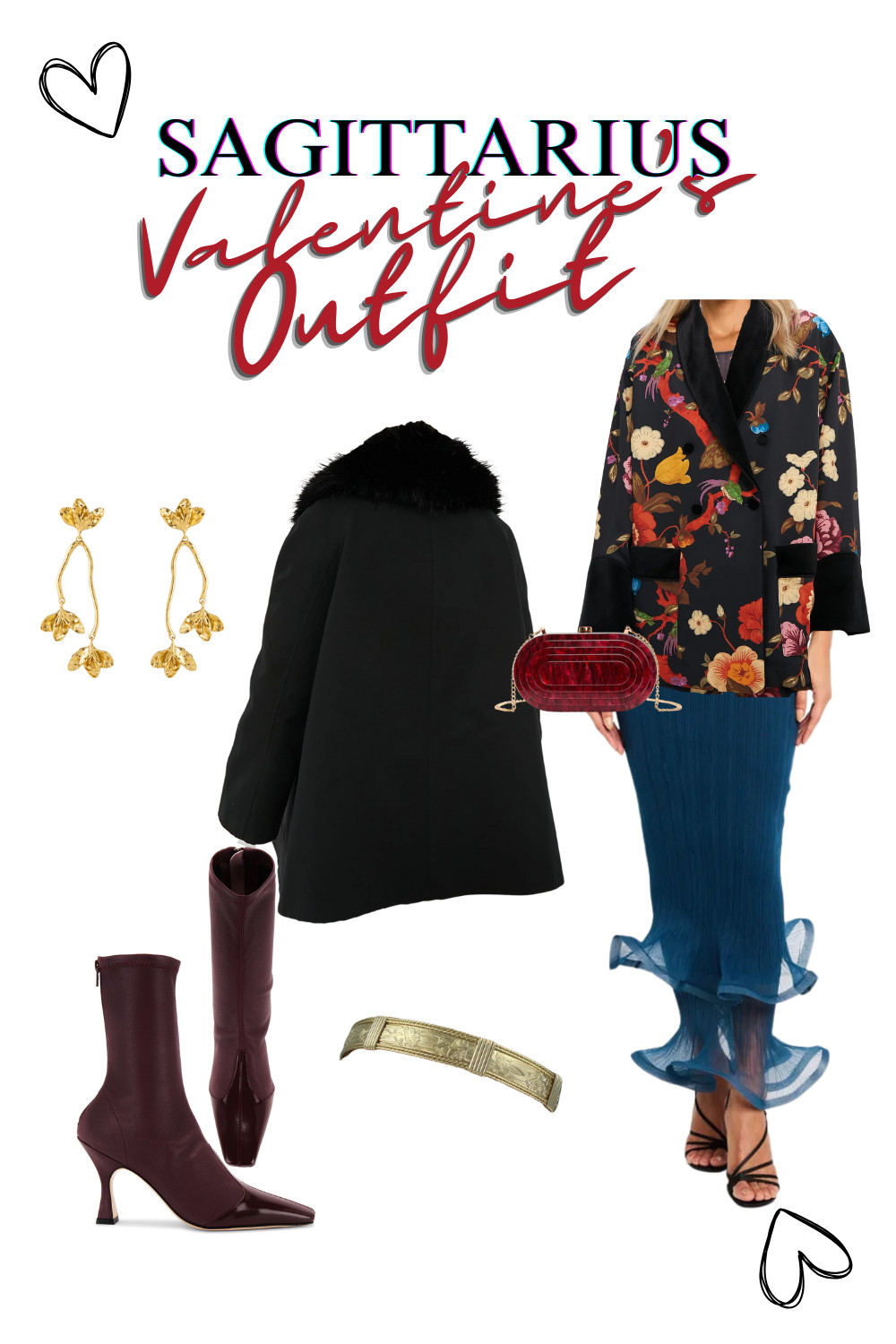 Sagittarius style inspo this valentines date night. You're not afraid of mixing shapes, colors, and patterns. Wear a funky dress in an unexpected color or shape, a vintage smoking jacket, fun shoes, a faux fur cape, and a clutch in a unique material.  

 #LTKxVICI #LTKSeasonal #LTKStyleTip