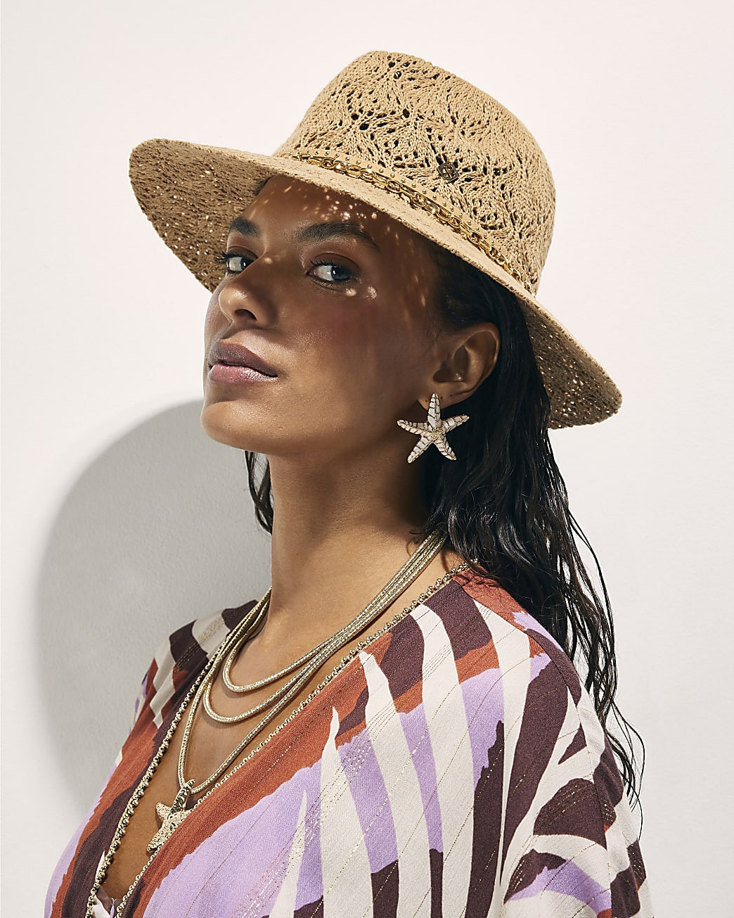 Beige Studded Open Weave Fedora Hat | River Island UK & IE