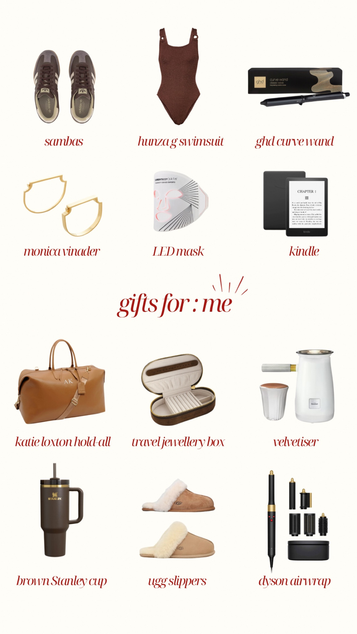 Gifts for me (hehe) always struggle with what to ask for for myself for Xmas and I know a lot of other people to do! 

Just created this as these are a mix of items that I have asked for over the years/ things on my wishlist too! Lots of amazing products that I use every single day and also investment pieces I can use and wear for years to come! 

Lots of these are discounted at the moment anyway (Dyson Airwrap, GHD wand, hotel chocolat Velvetiser, Monica Vinader Bangles, 
Hunza G swimsuit, Katie Loxton Bag) but you can favourite these over on my LTK and come back to purchase if they drop any lower in price 🫶🏼 

Christmas gifts, gift guides 

#LTKgiftguide #LTKCyberWeek #LTKuk