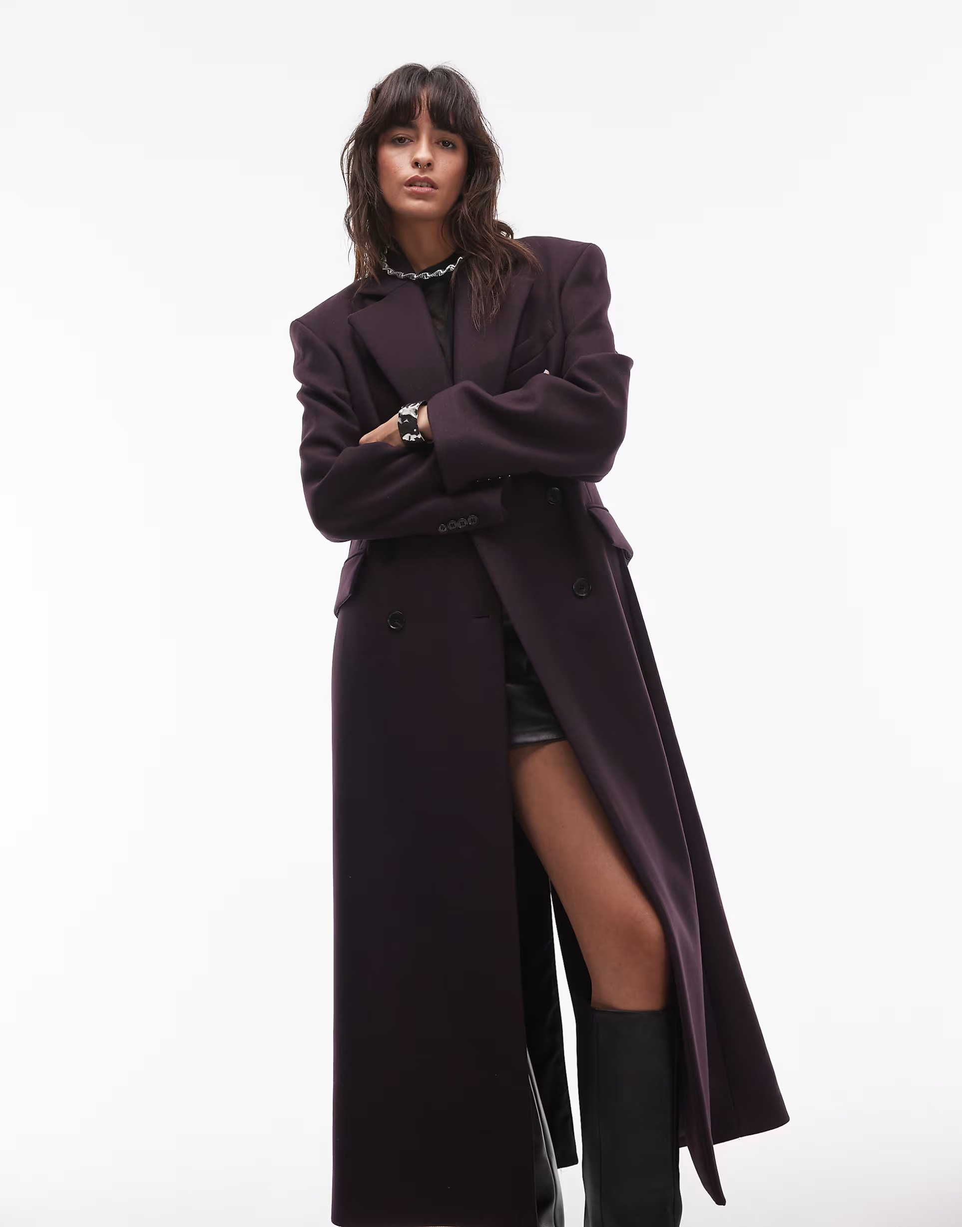 & Other Stories wool double breasted maxi coat with bold shoulder details in burgundy | ASOS (Global)