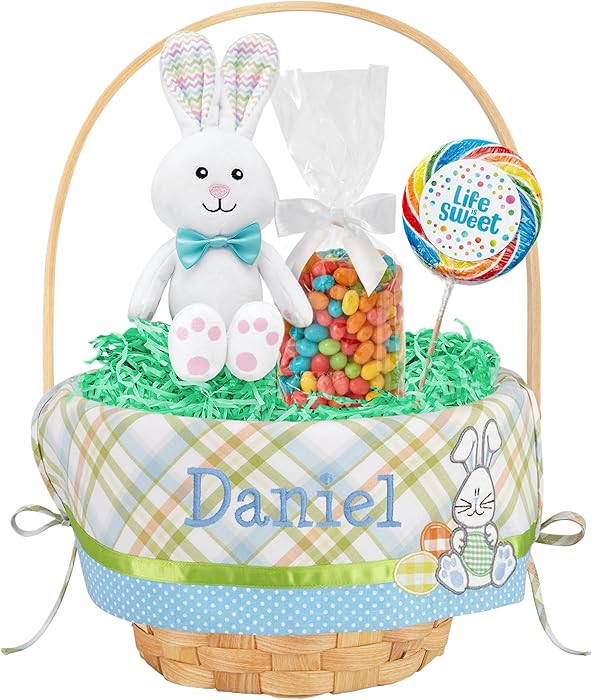 Let's Make Memories - Canasta de Pascua de mimbre personalizada con nombre, diseño de conejo azu... | Amazon (US)