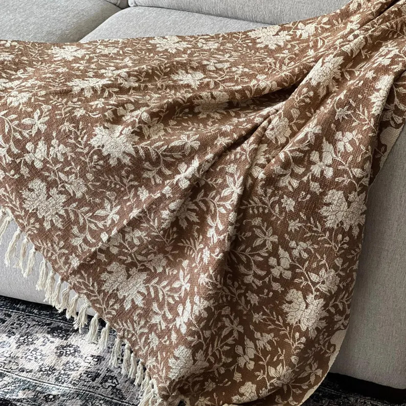 Brown India Floral Block Printed Cotton Sofa Throw Blanket with Tassel For Home Decor | Etsy (Global)
