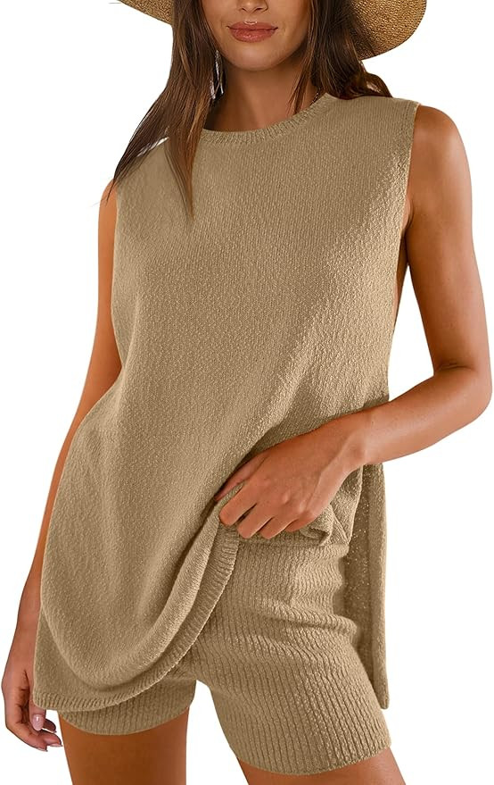 ANRABESS Women Summer 2 Piece Outfits Sleeveless Knit Sweater Top & Shorts Soft Lounge Sets Trave... | Amazon (US)